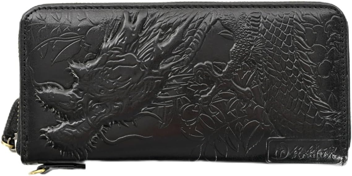 長財布 ロングウォレット 龍神 本革 レザー 和柄 ラウンドファスナー 牛革(ブラック黒) 234860 絡繰魂] 長財布 ロングウォレット 龍神 本革 レザー 和柄 ラウンド